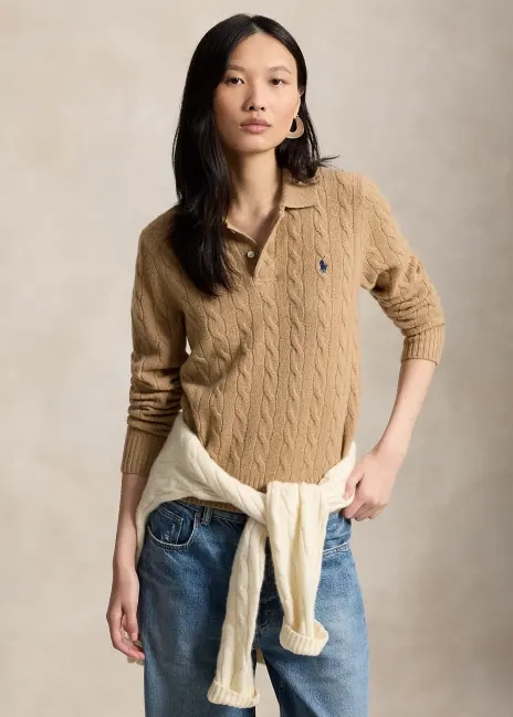 Ralph Lauren Cable-Knit Wool-Cashmere Polo Sweater