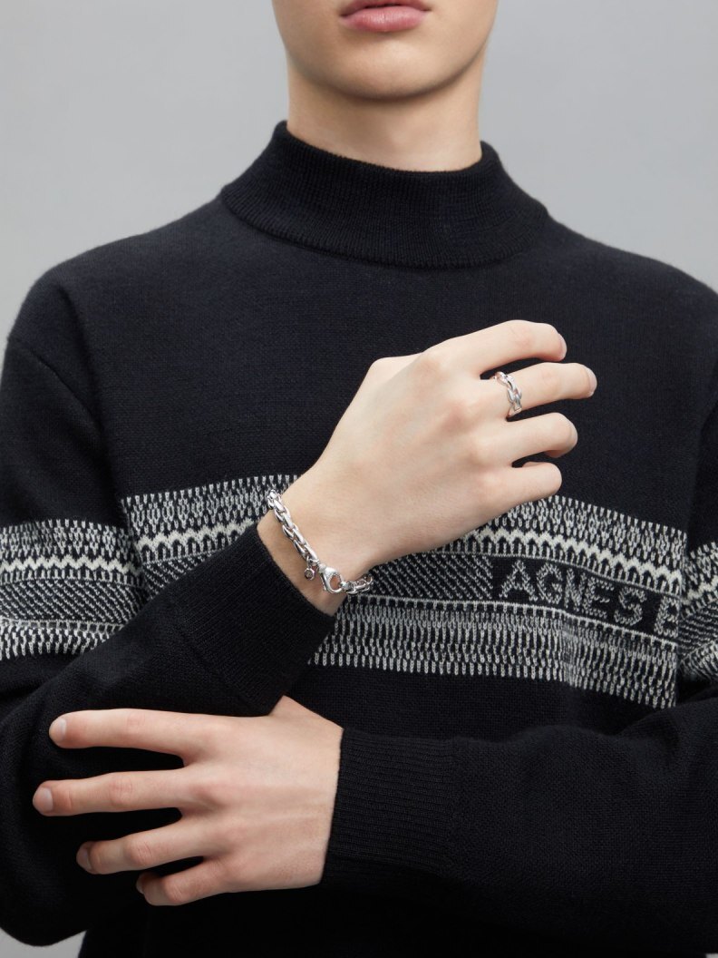 agnes b MEN'S "ICONIC" HOLLOW SILVER CHAIN COUPLE BRACELET